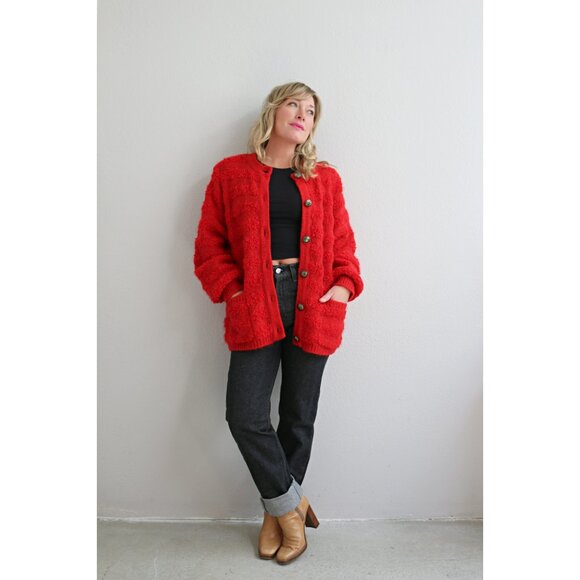 1980's Vintage Fuzzy Mohair Heart Button Cardigan ~ Women's Medium LG XL 80's - Picture 2 of 9